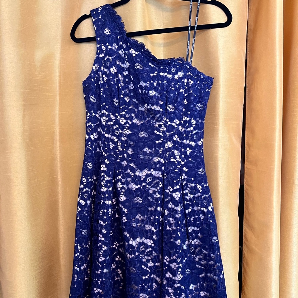 Vince Camuto Navy One-Shoulder Lace Dress